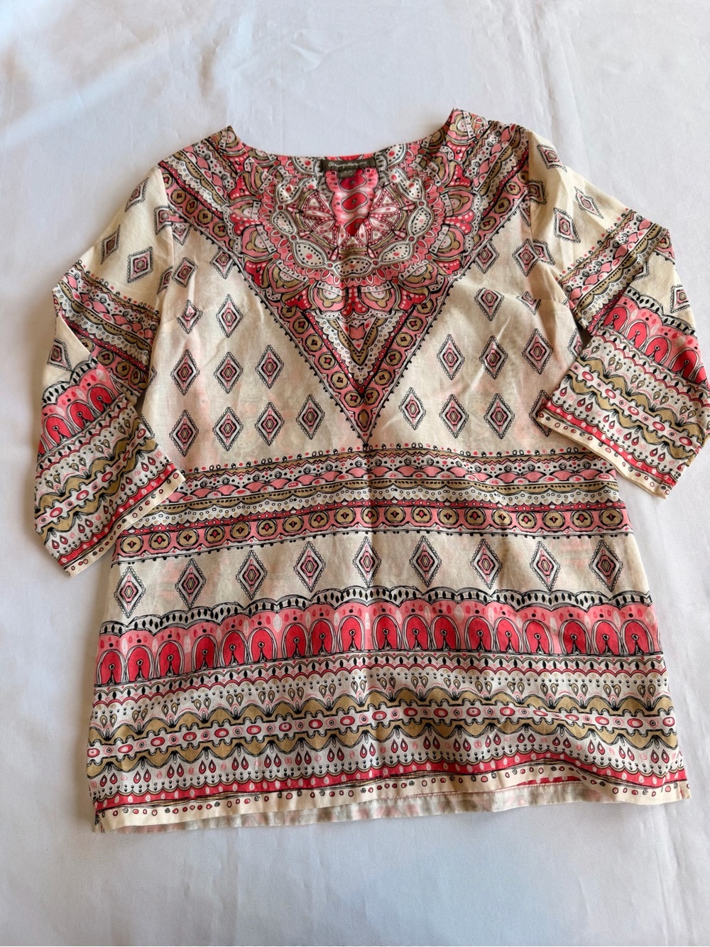 Tommy Bahama Cream Tunic with Coral & Tan Paisley Print Size S/P